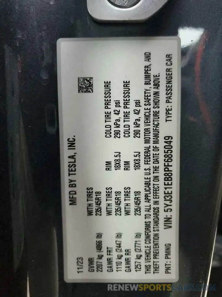 14 fotografías del automóvil dañado 5YJ3E1EB8PF685049 TESLA MODEL 3 2023