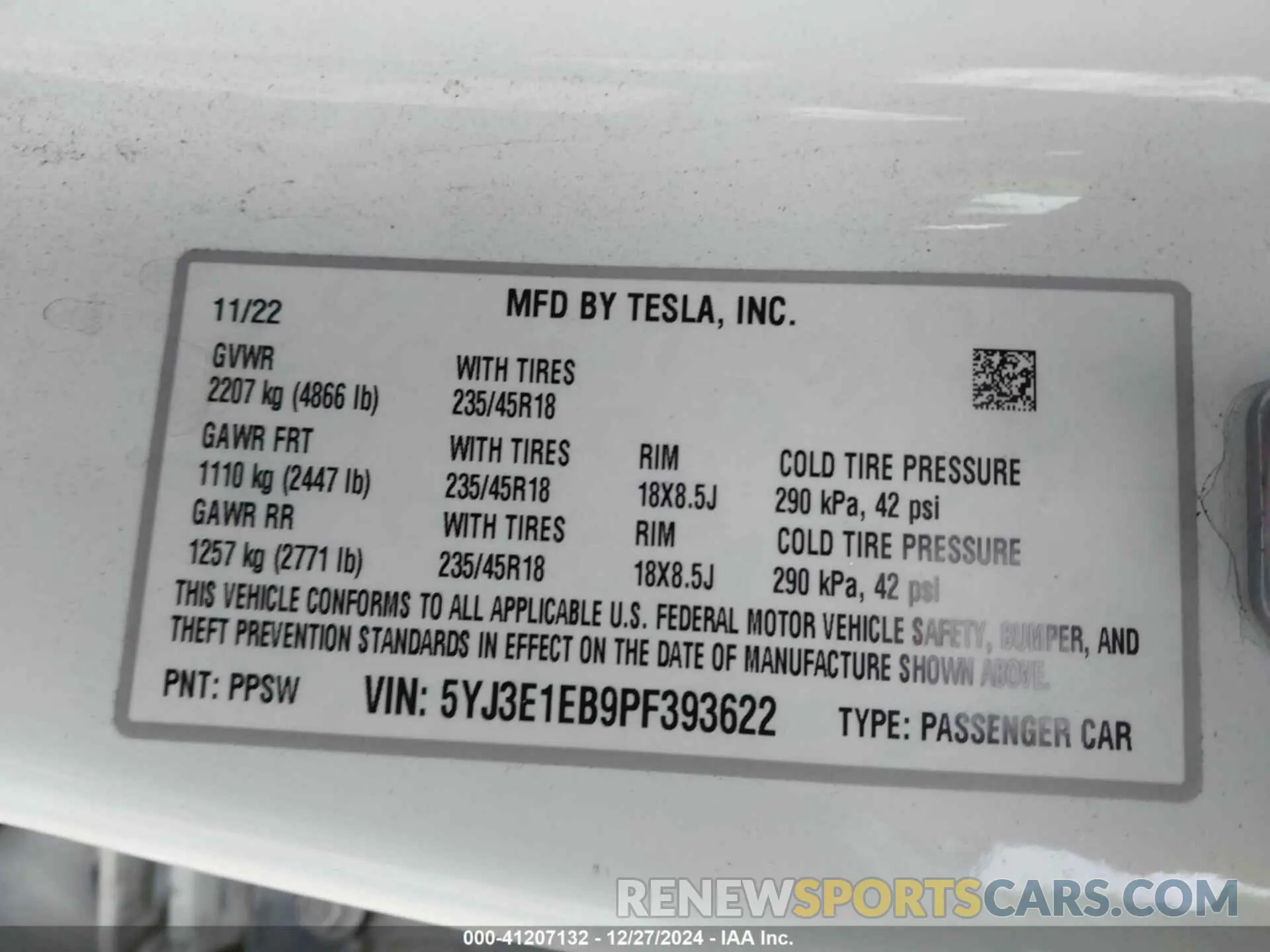 9 fotografías del automóvil dañado 5YJ3E1EB9PF393622 TESLA MODEL 3 2023