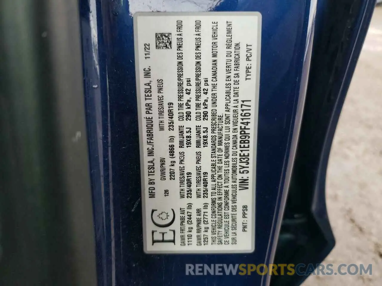 13 fotografías del automóvil dañado 5YJ3E1EB9PF416171 TESLA MODEL 3 2023