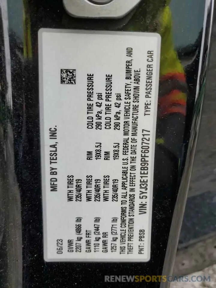 13 fotografías del automóvil dañado 5YJ3E1EB9PF607217 TESLA MODEL 3 2023