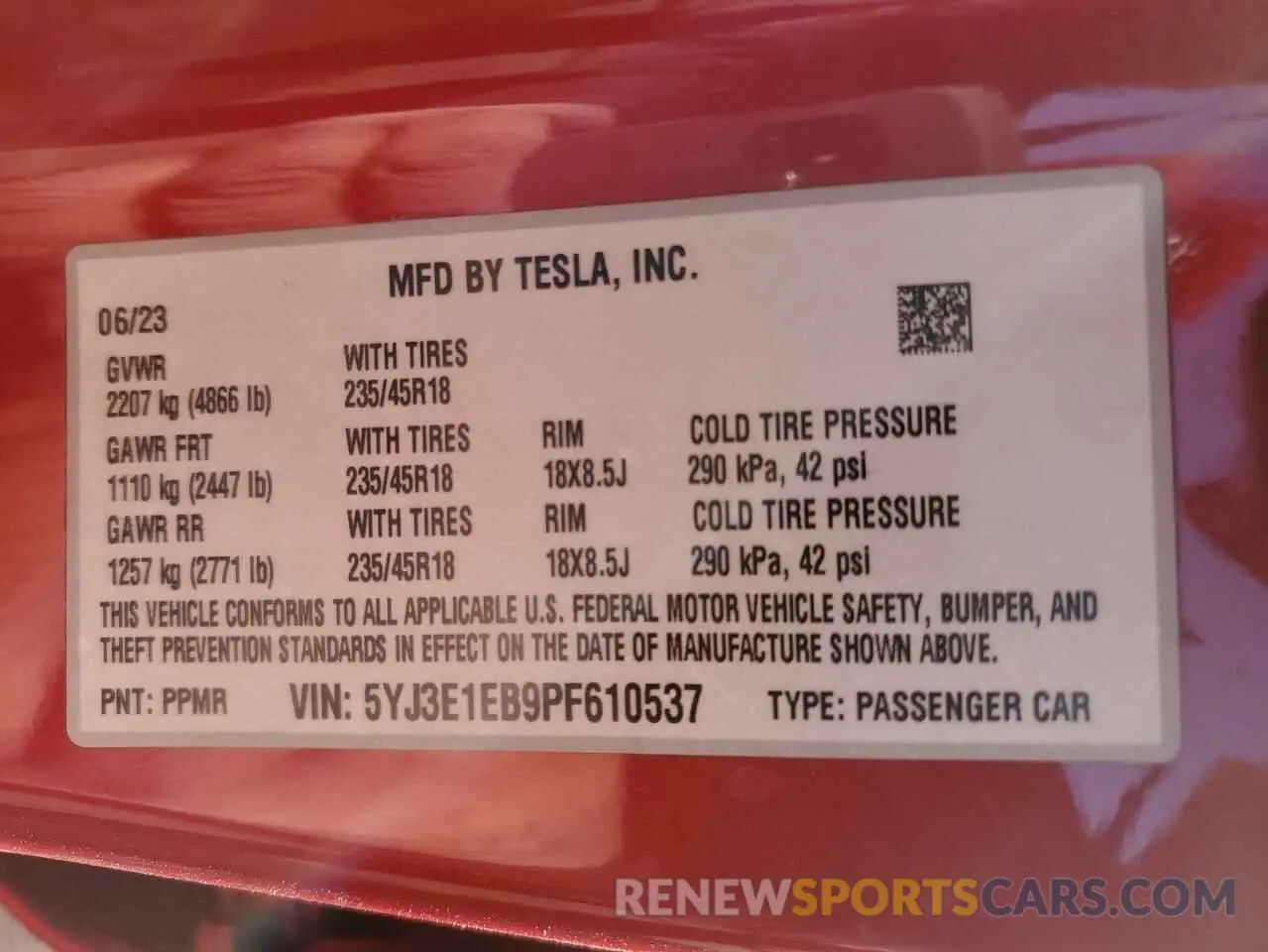15 fotografías del automóvil dañado 5YJ3E1EB9PF610537 TESLA MODEL 3 2023