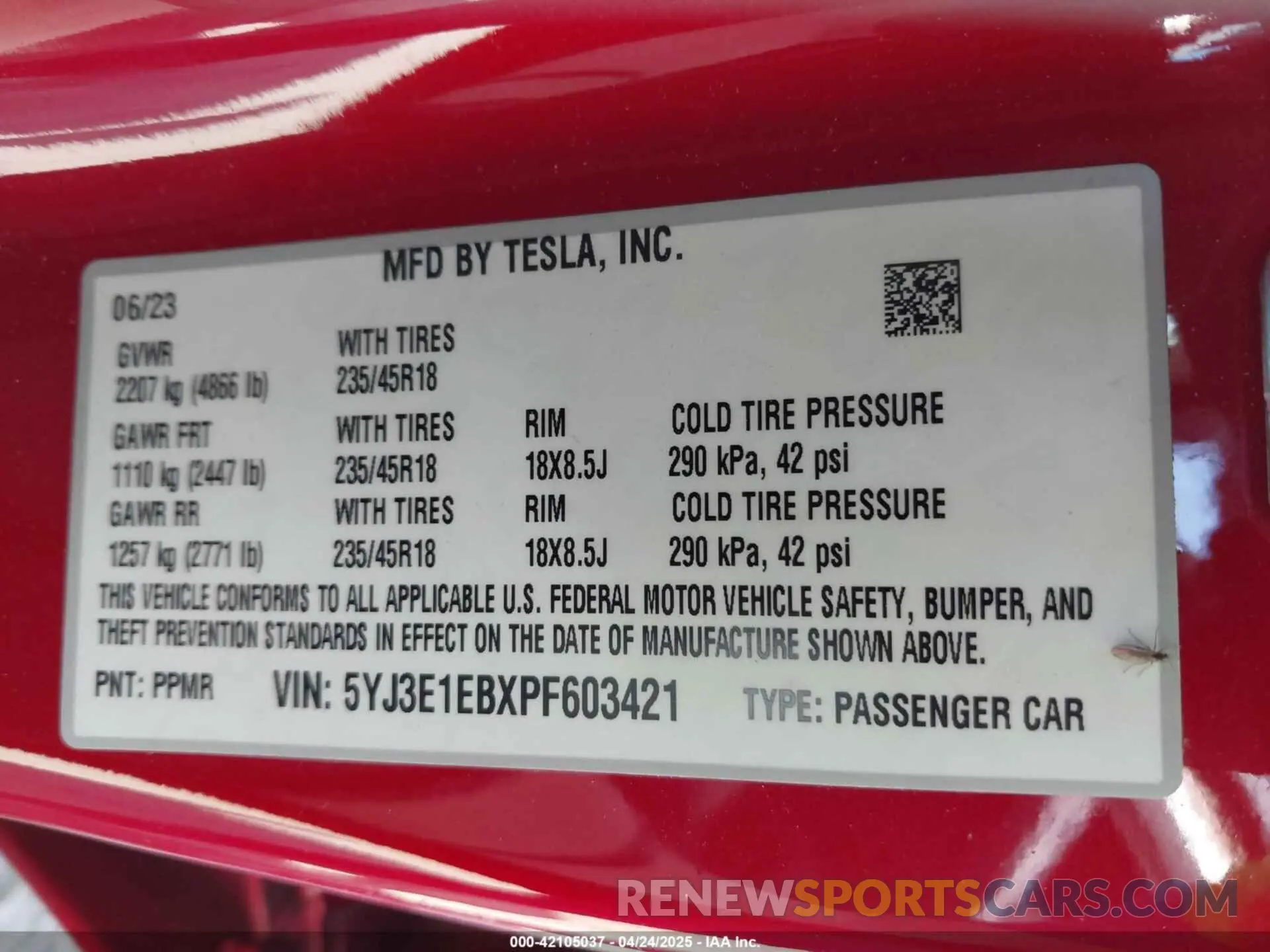 9 fotografías del automóvil dañado 5YJ3E1EBXPF603421 TESLA MODEL 3 2023