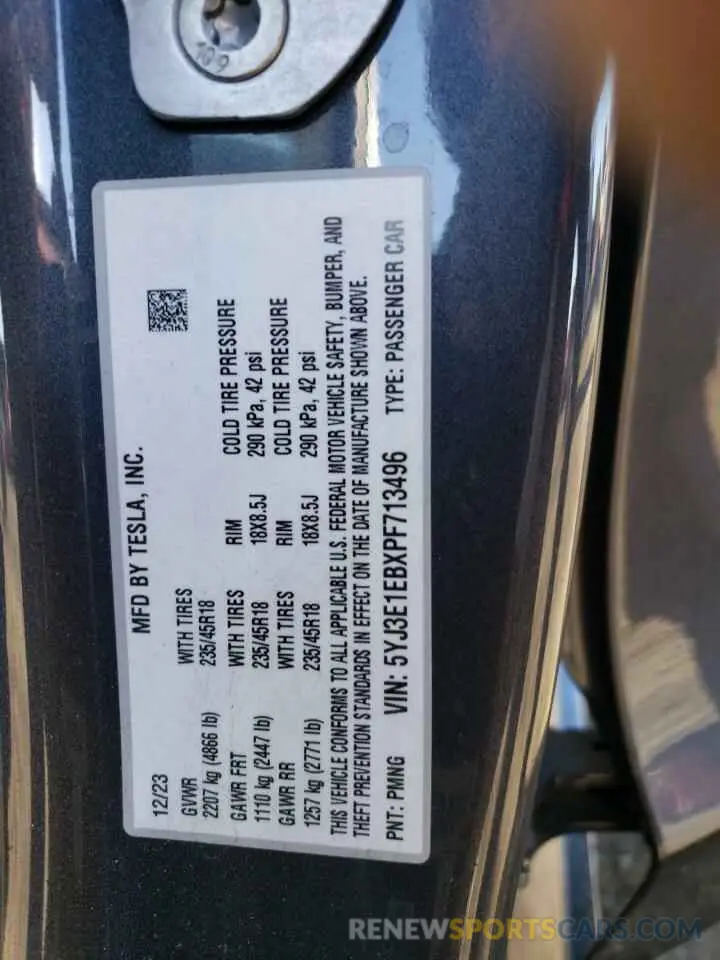 13 fotografías del automóvil dañado 5YJ3E1EBXPF713496 TESLA MODEL 3 2023