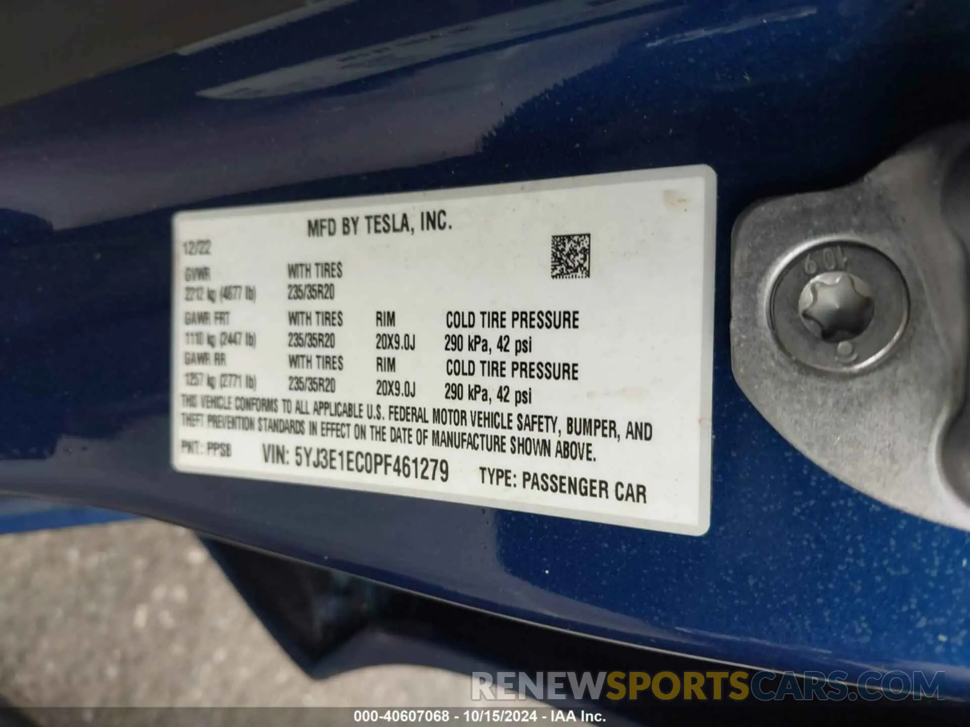 9 fotografías del automóvil dañado 5YJ3E1EC0PF461279 TESLA MODEL 3 2023