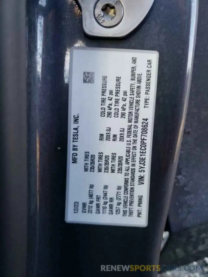 12 fotografías del automóvil dañado 5YJ3E1EC0PF708624 TESLA MODEL 3 2023
