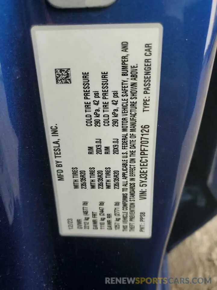 12 fotografías del automóvil dañado 5YJ3E1EC1PF707126 TESLA MODEL 3 2023