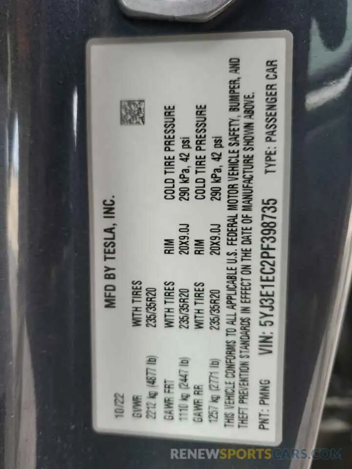 12 fotografías del automóvil dañado 5YJ3E1EC2PF398735 TESLA MODEL 3 2023