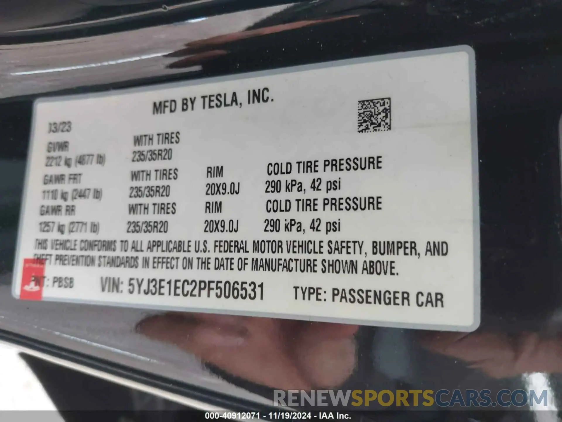 9 fotografías del automóvil dañado 5YJ3E1EC2PF506531 TESLA MODEL 3 2023