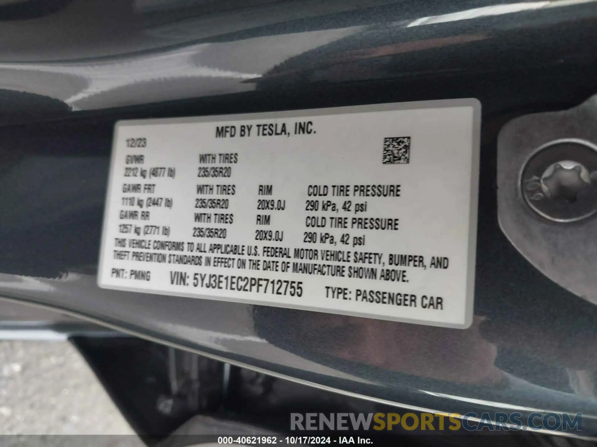 9 fotografías del automóvil dañado 5YJ3E1EC2PF712755 TESLA MODEL 3 2023