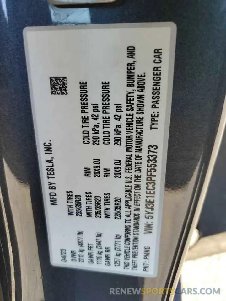 12 fotografías del automóvil dañado 5YJ3E1EC3PF553373 TESLA MODEL 3 2023