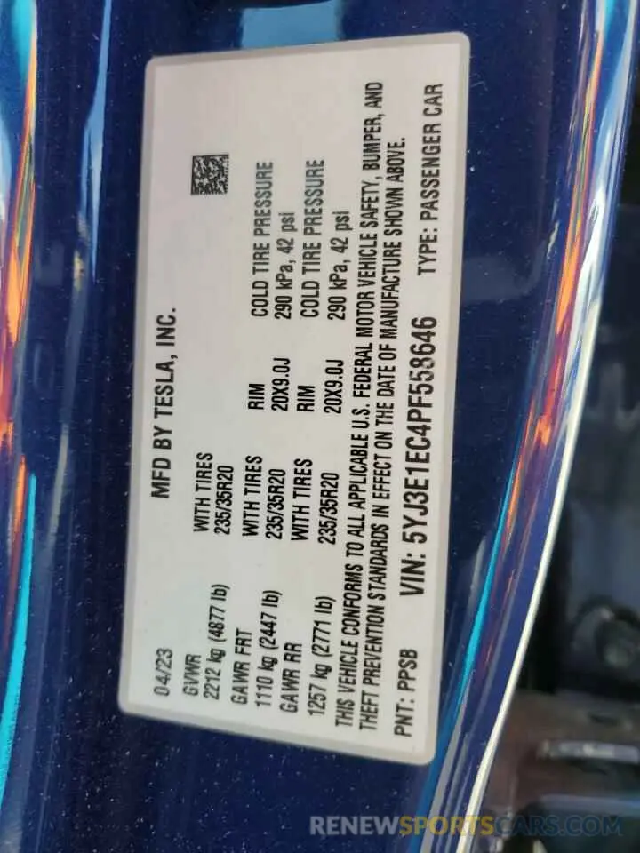 13 fotografías del automóvil dañado 5YJ3E1EC4PF558646 TESLA MODEL 3 2023