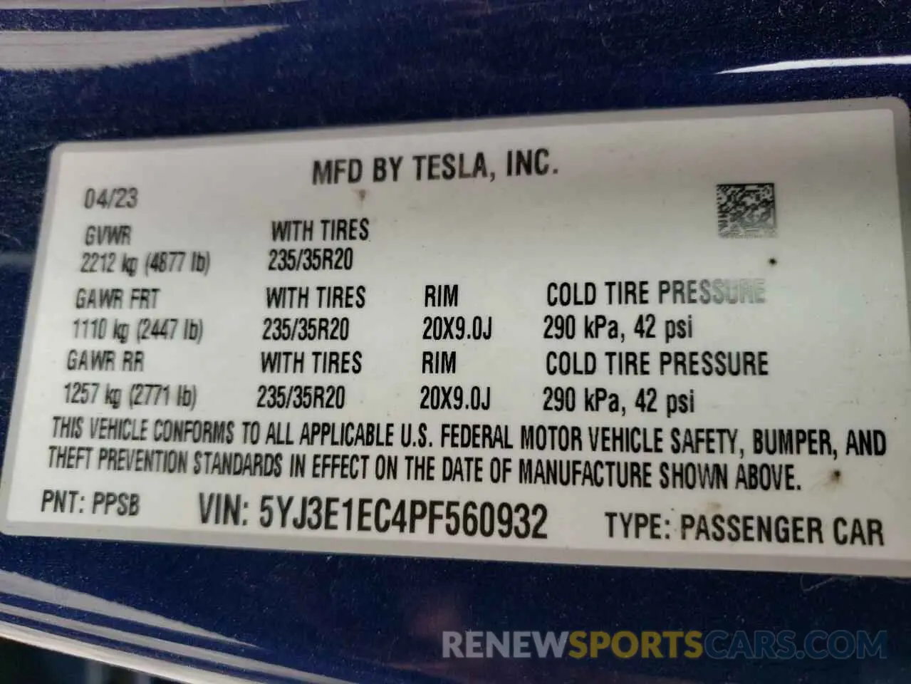 14 fotografías del automóvil dañado 5YJ3E1EC4PF560932 TESLA MODEL 3 2023
