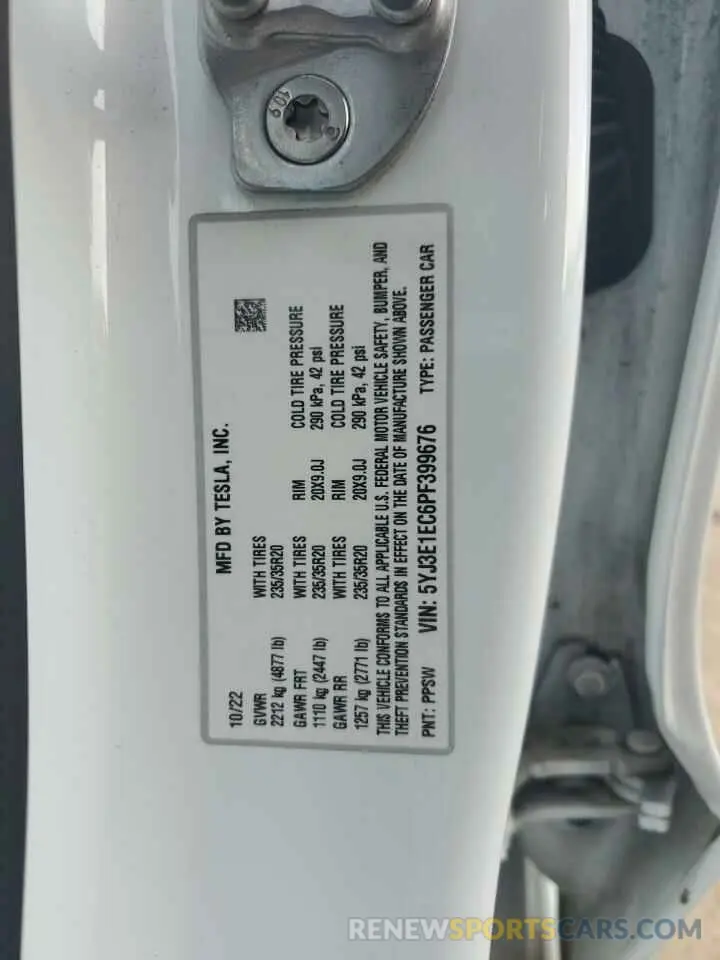 12 fotografías del automóvil dañado 5YJ3E1EC6PF399676 TESLA MODEL 3 2023