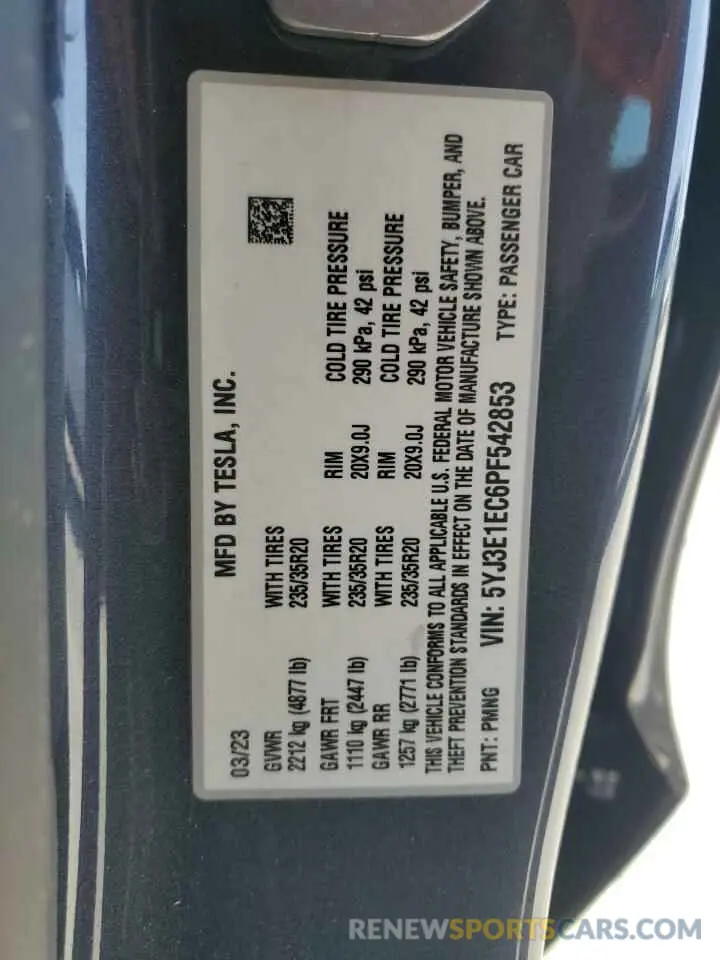 13 fotografías del automóvil dañado 5YJ3E1EC6PF542853 TESLA MODEL 3 2023