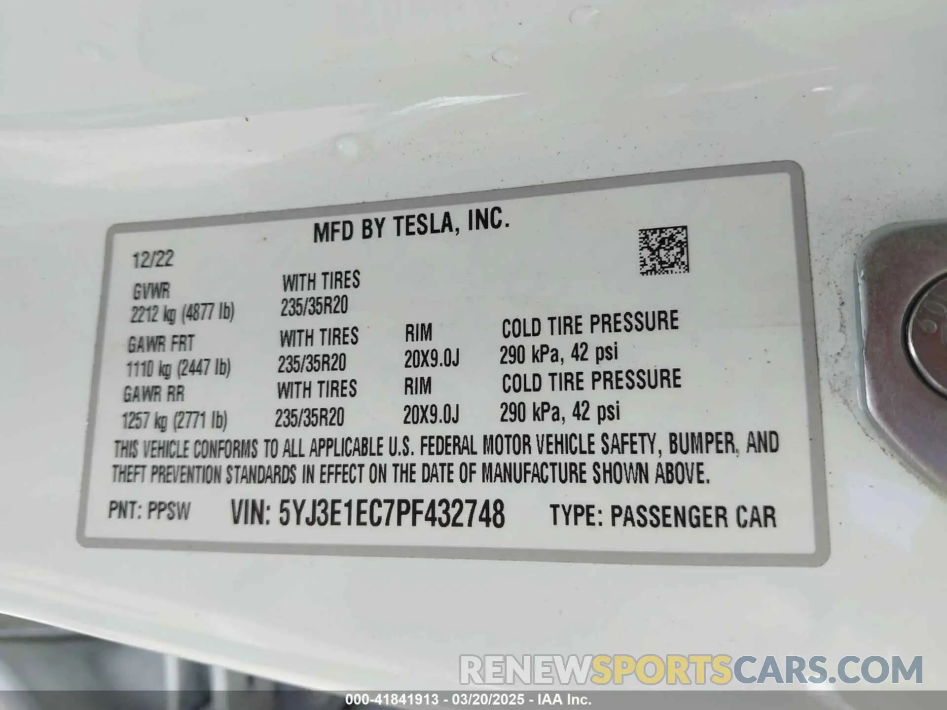 9 fotografías del automóvil dañado 5YJ3E1EC7PF432748 TESLA MODEL 3 2023