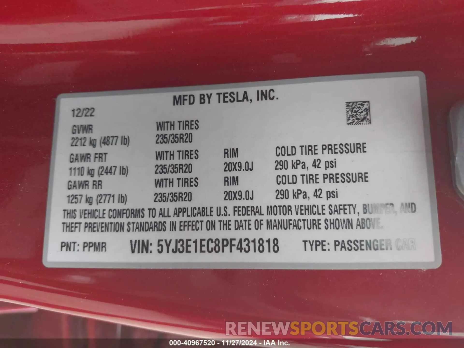 9 fotografías del automóvil dañado 5YJ3E1EC8PF431818 TESLA MODEL 3 2023
