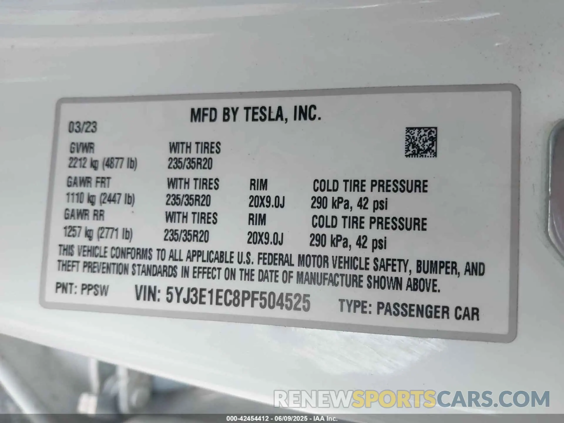 9 fotografías del automóvil dañado 5YJ3E1EC8PF504525 TESLA MODEL 3 2023