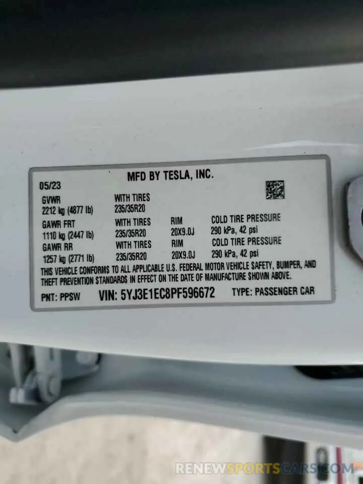 14 fotografías del automóvil dañado 5YJ3E1EC8PF596672 TESLA MODEL 3 2023