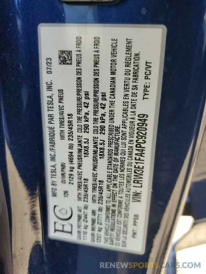 12 fotografías del automóvil dañado LRW3E1FA4PC920949 TESLA MODEL 3 2023