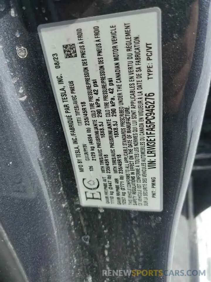 12 fotografías del automóvil dañado LRW3E1FA5PC945276 TESLA MODEL 3 2023