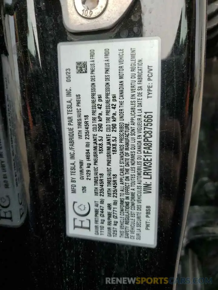 13 fotografías del automóvil dañado LRW3E1FA8PC875661 TESLA MODEL 3 2023