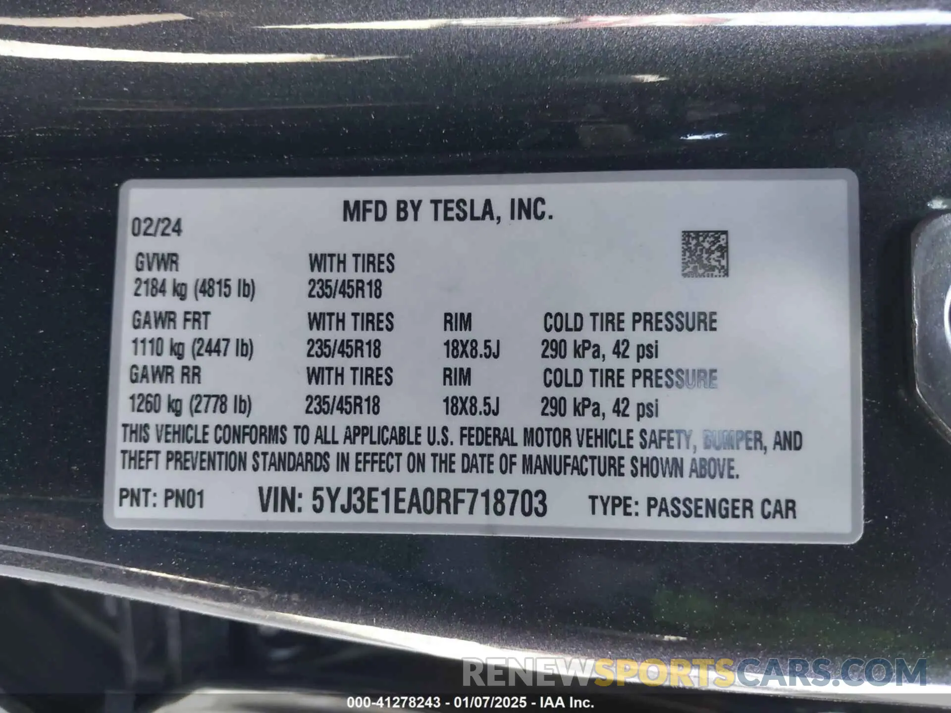 9 fotografías del automóvil dañado 5YJ3E1EA0RF718703 TESLA MODEL 3 2024