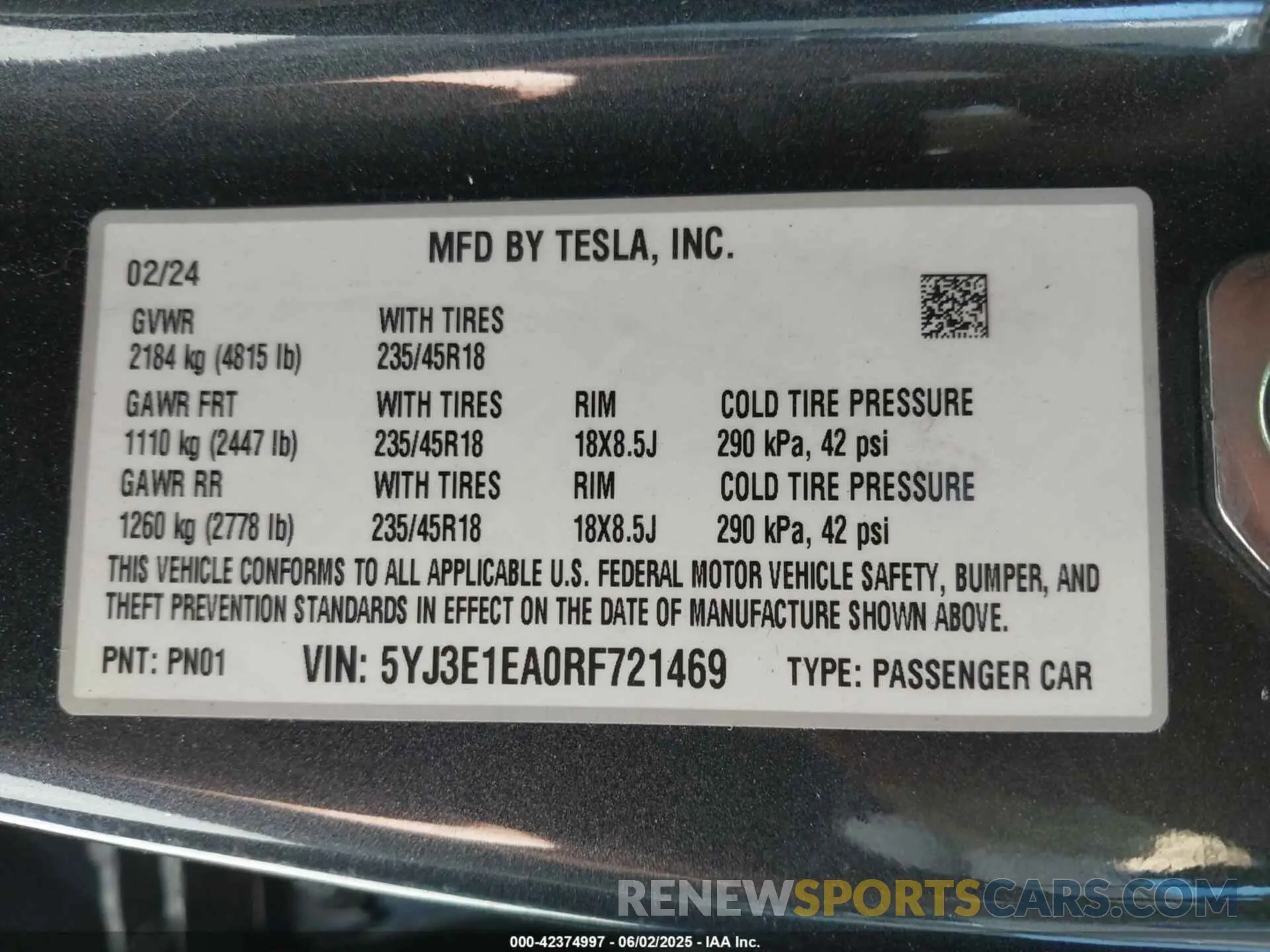 9 fotografías del automóvil dañado 5YJ3E1EA0RF721469 TESLA MODEL 3 2024