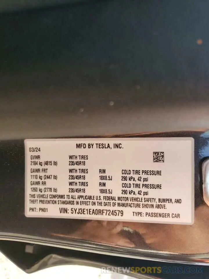 12 fotografías del automóvil dañado 5YJ3E1EA0RF724579 TESLA MODEL 3 2024
