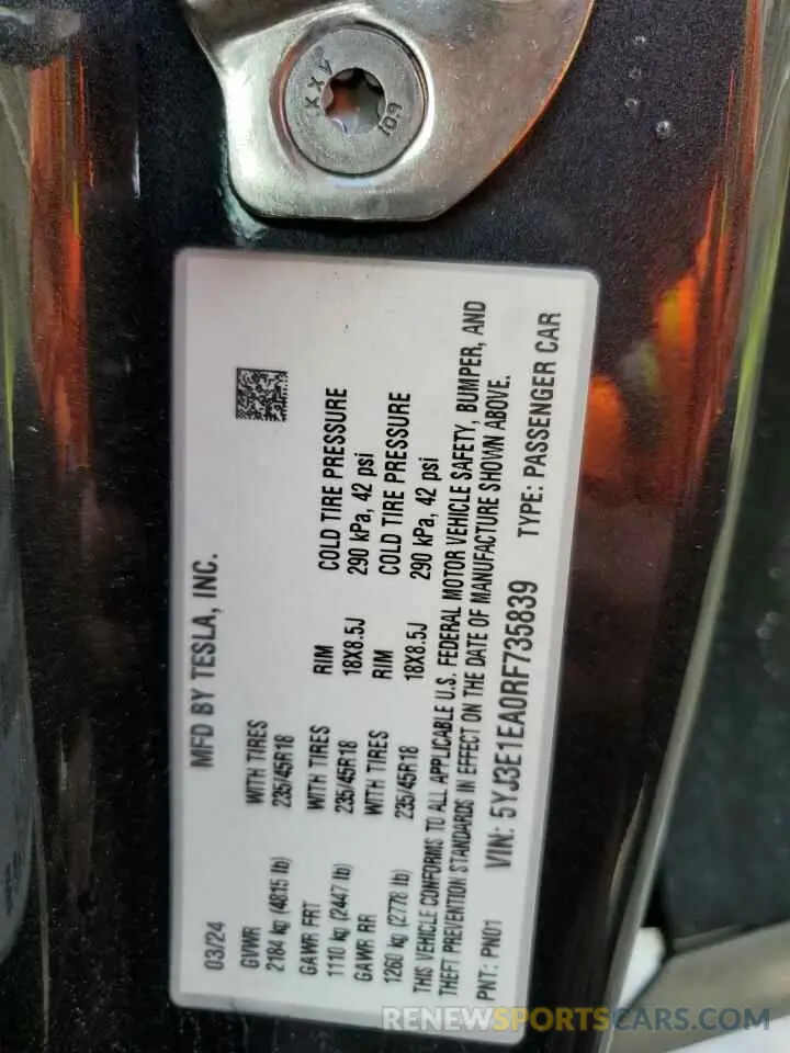 13 fotografías del automóvil dañado 5YJ3E1EA0RF735839 TESLA MODEL 3 2024