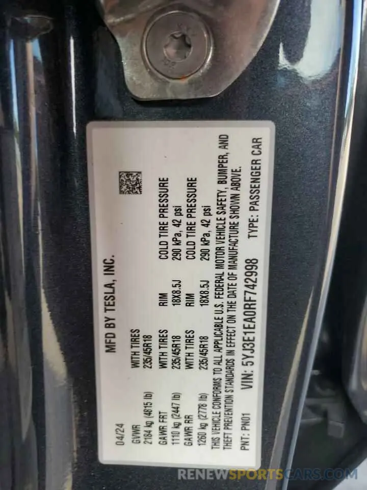 12 fotografías del automóvil dañado 5YJ3E1EA0RF742998 TESLA MODEL 3 2024