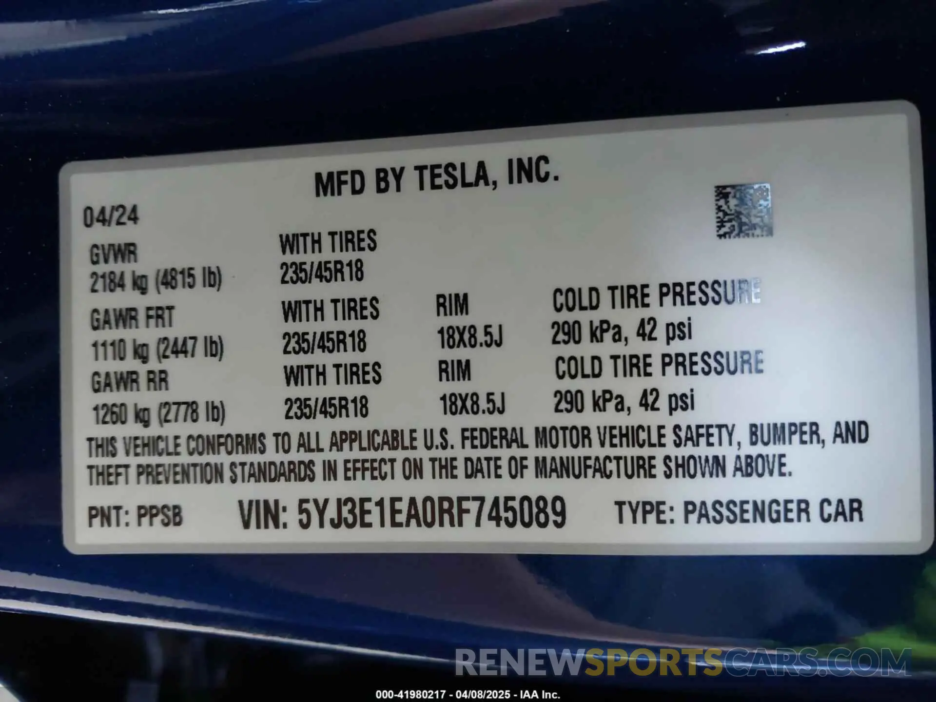 9 fotografías del automóvil dañado 5YJ3E1EA0RF745089 TESLA MODEL 3 2024