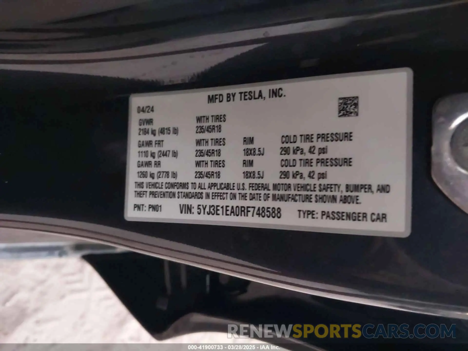 9 fotografías del automóvil dañado 5YJ3E1EA0RF748588 TESLA MODEL 3 2024