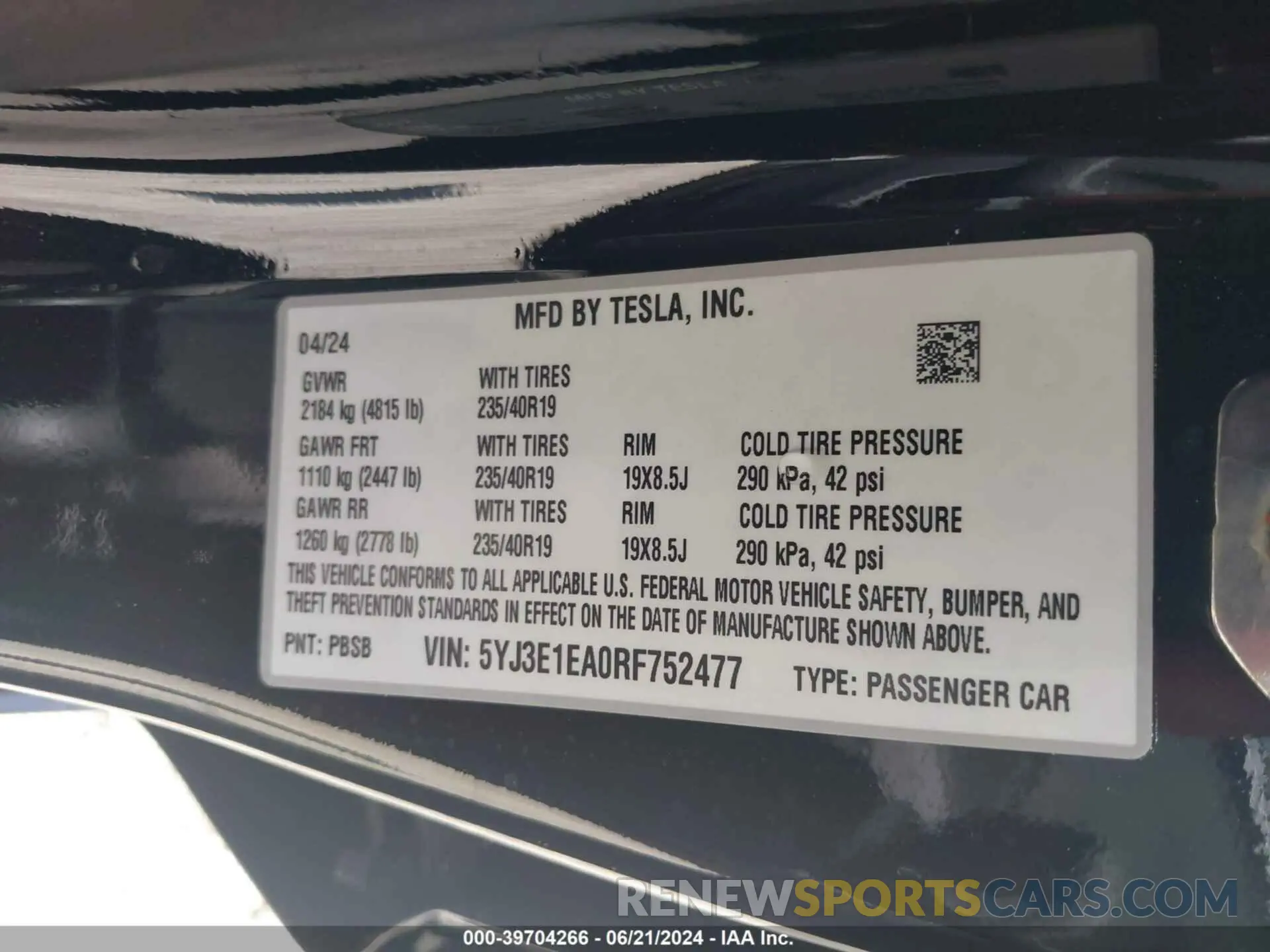 9 fotografías del automóvil dañado 5YJ3E1EA0RF752477 TESLA MODEL 3 2024