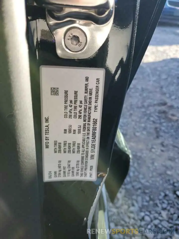 13 fotografías del automóvil dañado 5YJ3E1EA0RF801662 TESLA MODEL 3 2024