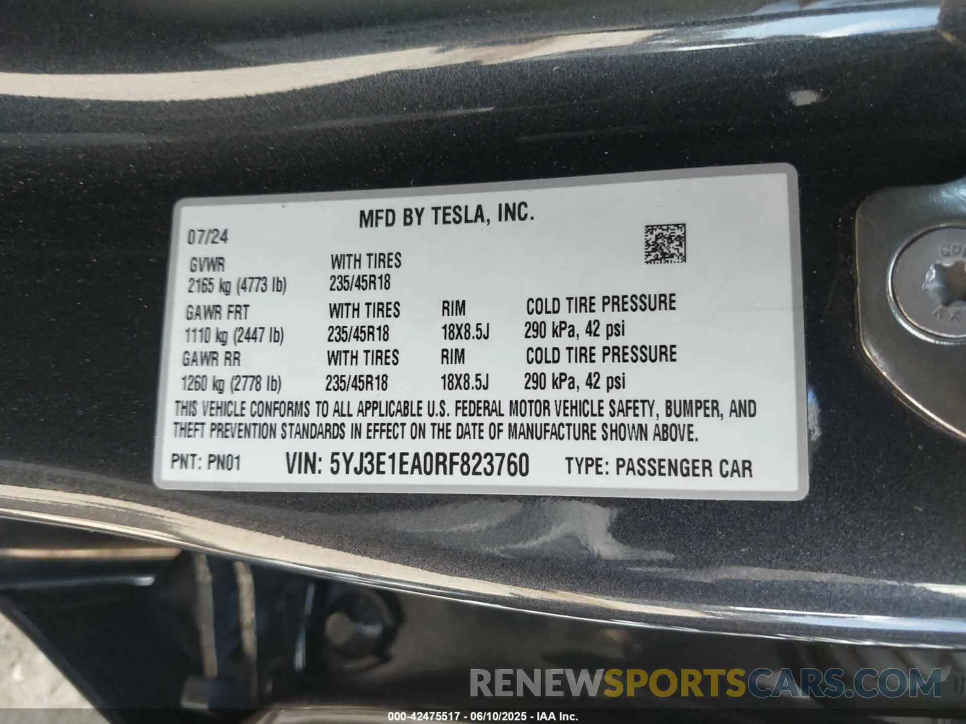 9 fotografías del automóvil dañado 5YJ3E1EA0RF823760 TESLA MODEL 3 2024