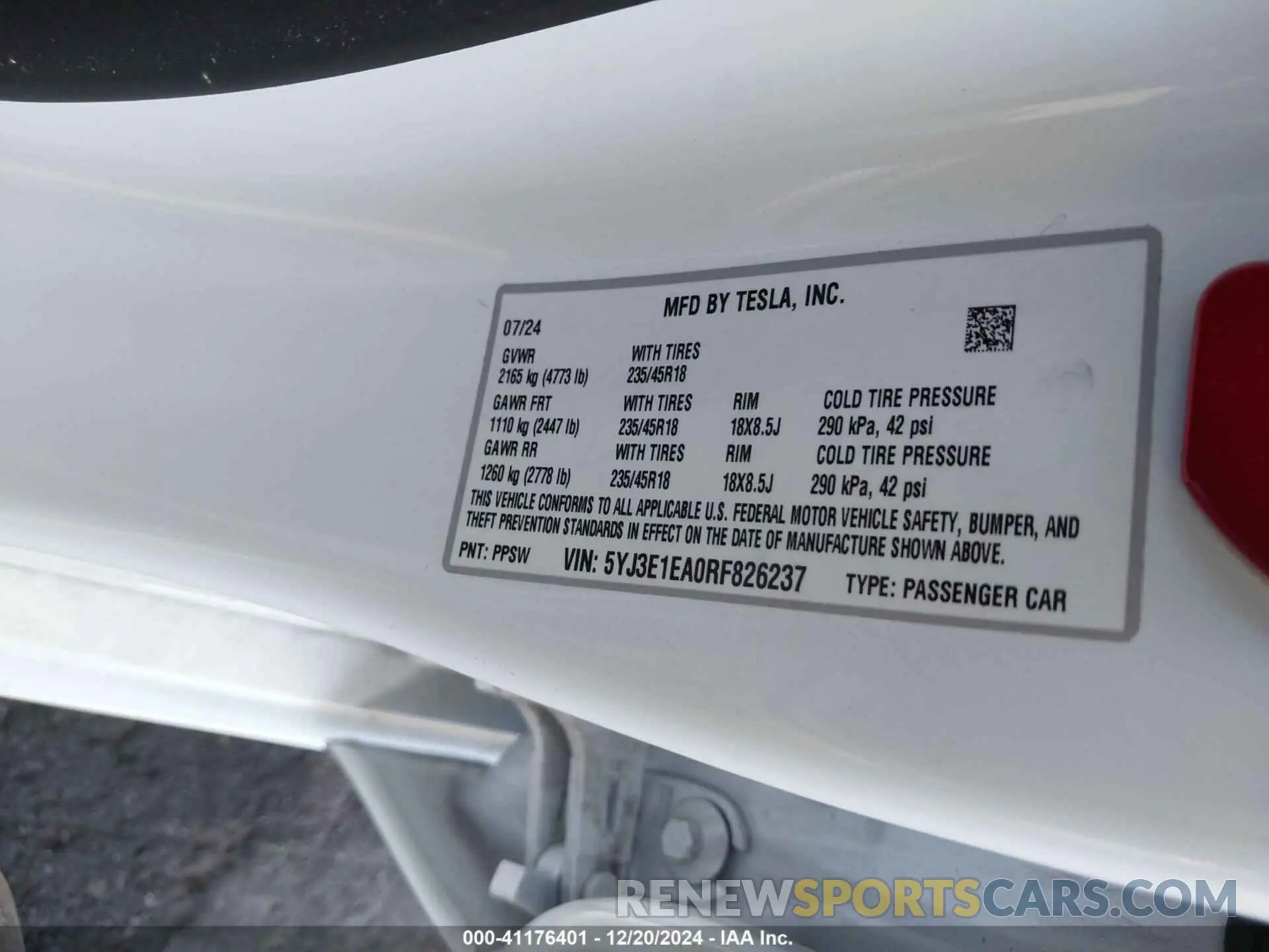 9 fotografías del automóvil dañado 5YJ3E1EA0RF826237 TESLA MODEL 3 2024