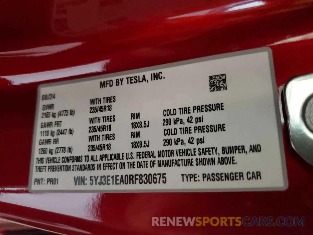 12 fotografías del automóvil dañado 5YJ3E1EA0RF830675 TESLA MODEL 3 2024
