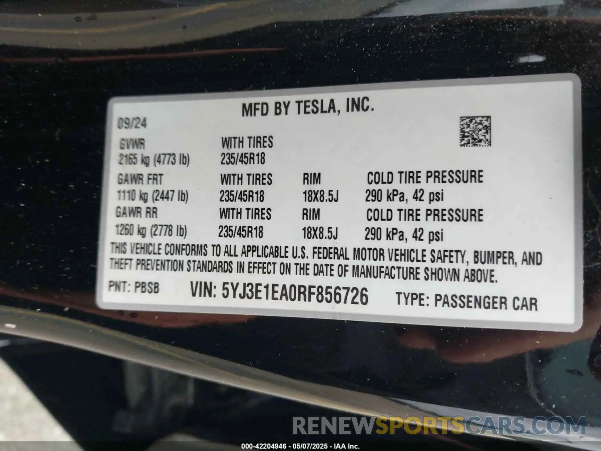 9 fotografías del automóvil dañado 5YJ3E1EA0RF856726 TESLA MODEL 3 2024