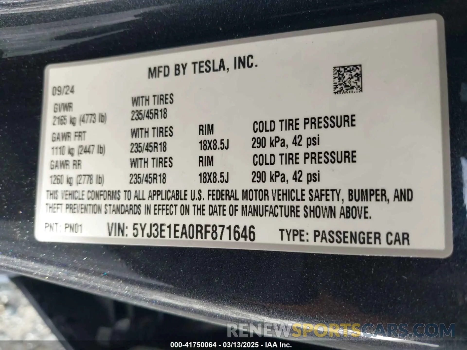 9 fotografías del automóvil dañado 5YJ3E1EA0RF871646 TESLA MODEL 3 2024