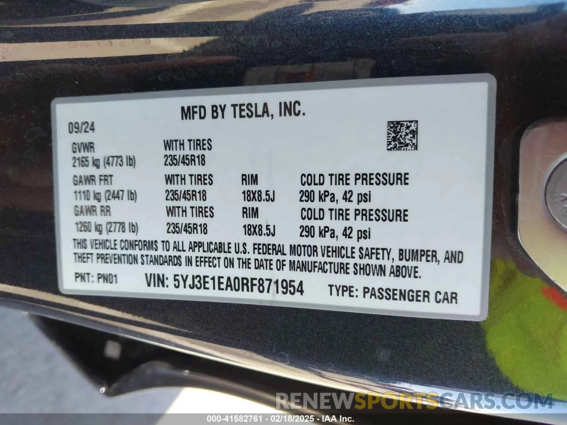 9 fotografías del automóvil dañado 5YJ3E1EA0RF871954 TESLA MODEL 3 2024