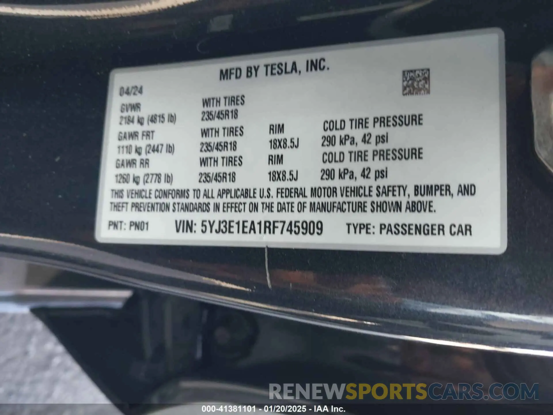 9 fotografías del automóvil dañado 5YJ3E1EA1RF745909 TESLA MODEL 3 2024