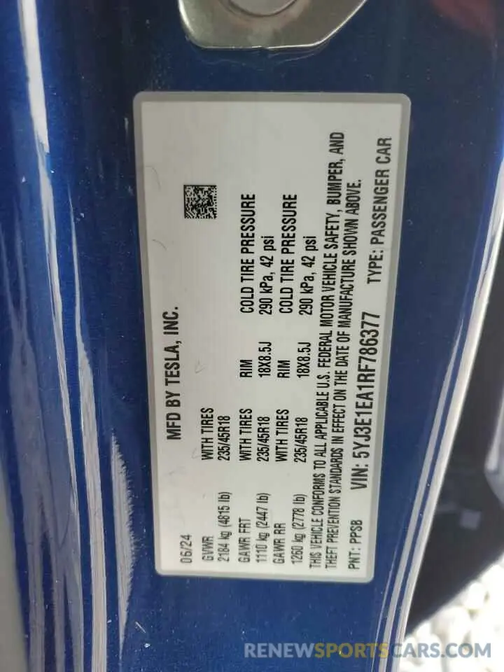 15 fotografías del automóvil dañado 5YJ3E1EA1RF786377 TESLA MODEL 3 2024