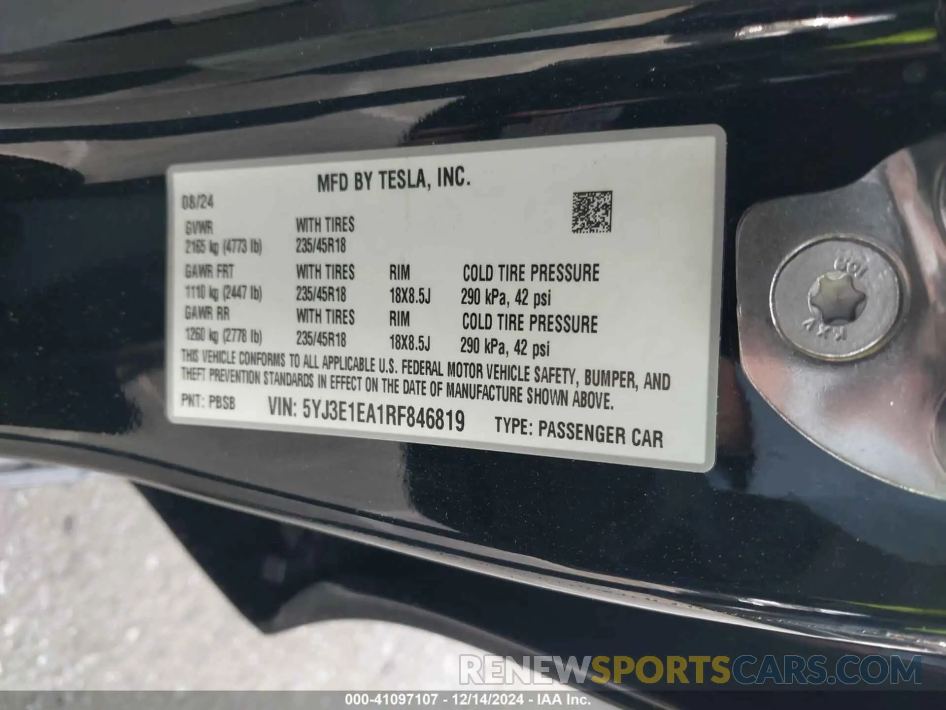9 fotografías del automóvil dañado 5YJ3E1EA1RF846819 TESLA MODEL 3 2024
