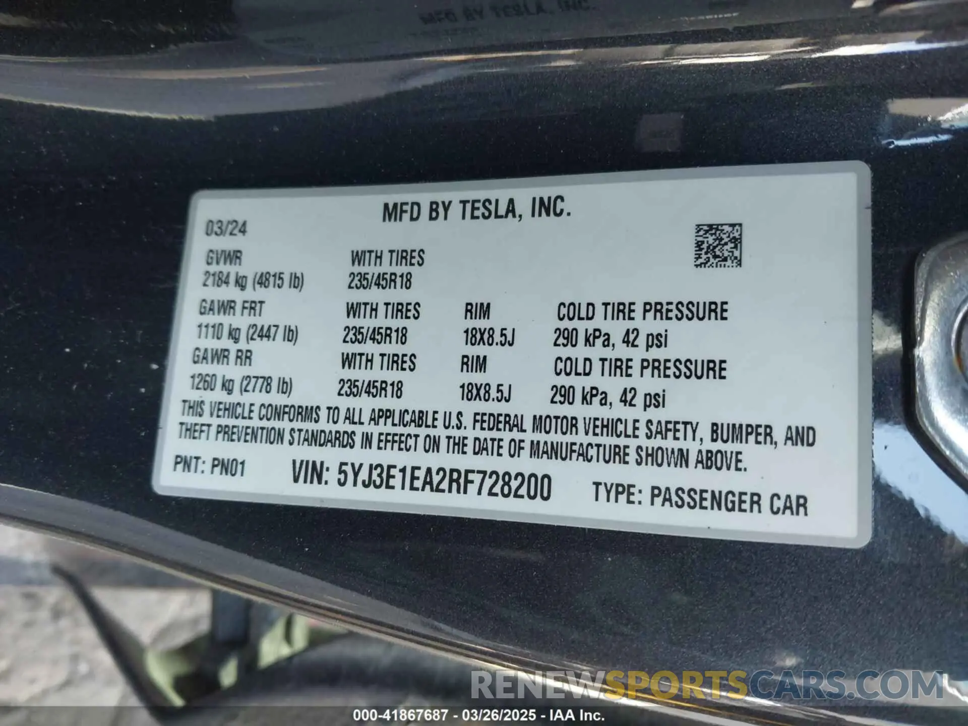 8 fotografías del automóvil dañado 5YJ3E1EA2RF728200 TESLA MODEL 3 2024