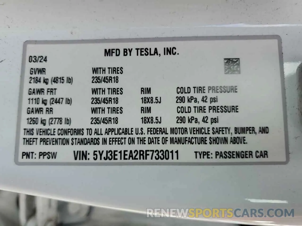 12 fotografías del automóvil dañado 5YJ3E1EA2RF733011 TESLA MODEL 3 2024