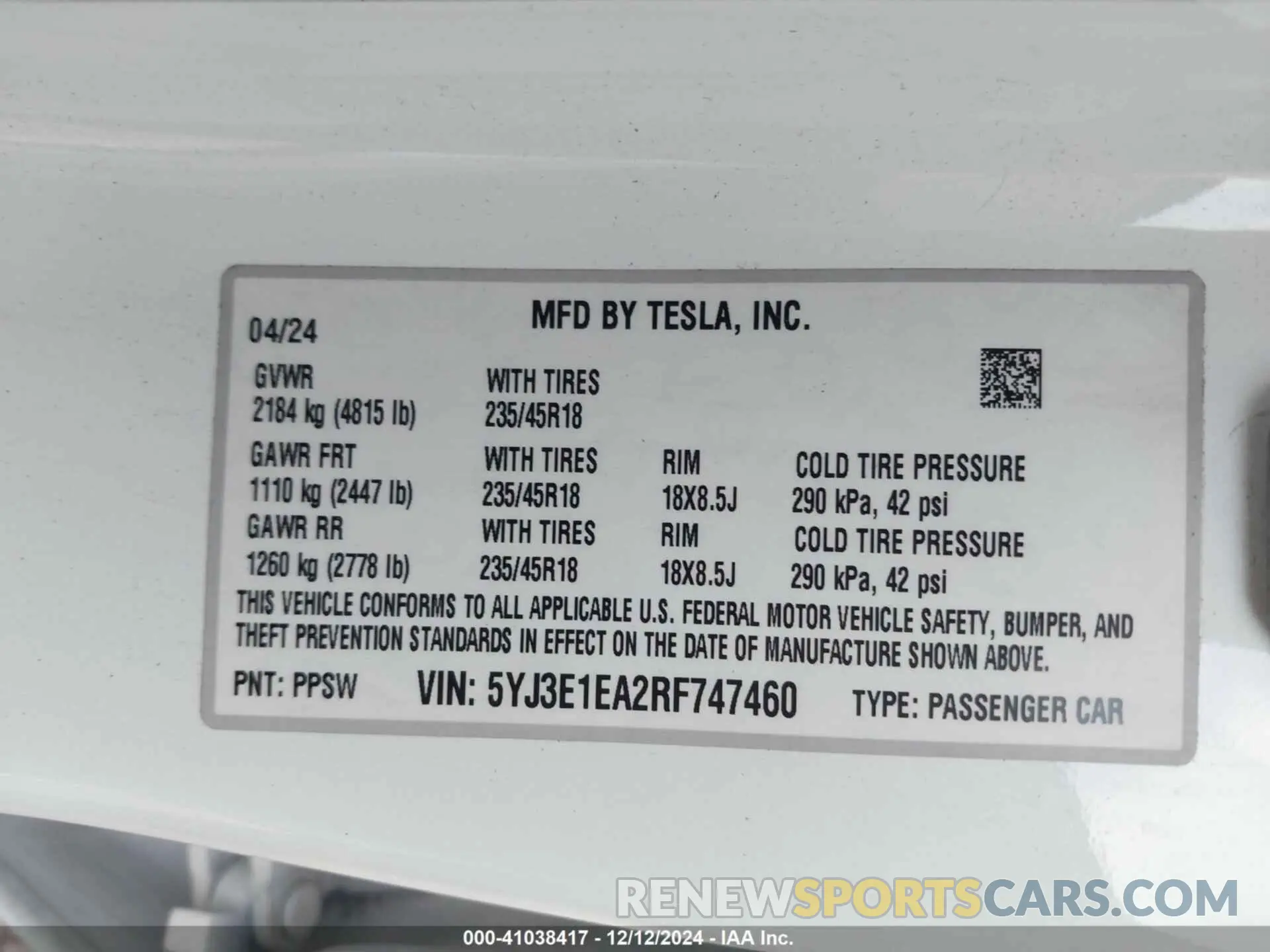 9 fotografías del automóvil dañado 5YJ3E1EA2RF747460 TESLA MODEL 3 2024