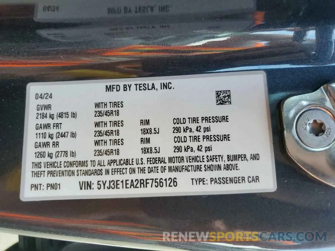 14 fotografías del automóvil dañado 5YJ3E1EA2RF756126 TESLA MODEL 3 2024