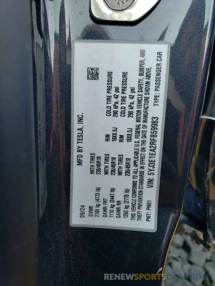 12 fotografías del automóvil dañado 5YJ3E1EA2RF859983 TESLA MODEL 3 2024