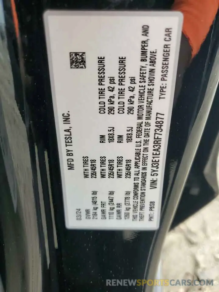 12 fotografías del automóvil dañado 5YJ3E1EA3RF734877 TESLA MODEL 3 2024
