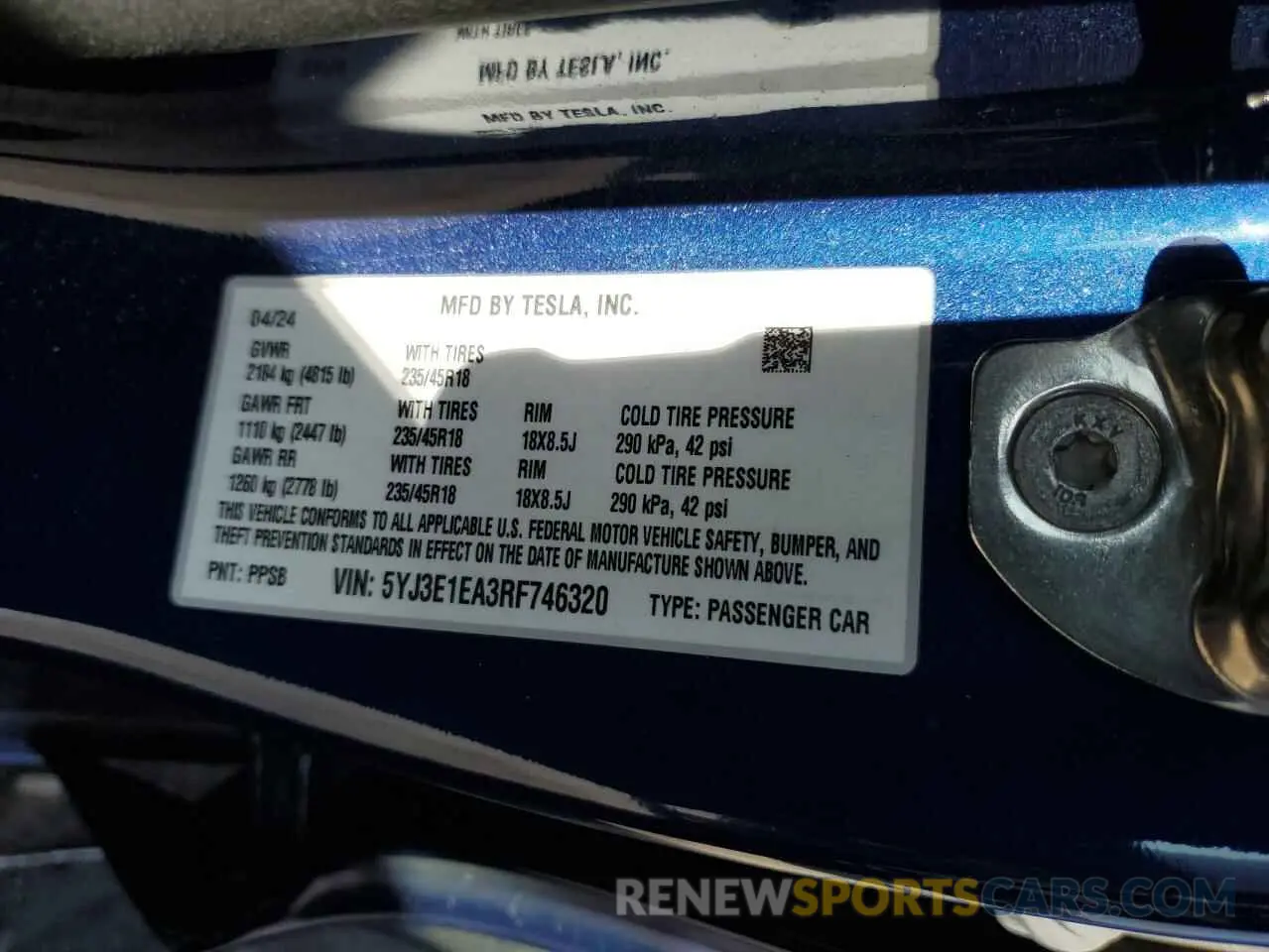 15 fotografías del automóvil dañado 5YJ3E1EA3RF746320 TESLA MODEL 3 2024